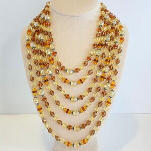 Vintage Multi Strand Amber Honey Glass Bead 6 Row Statement Necklace 16in
